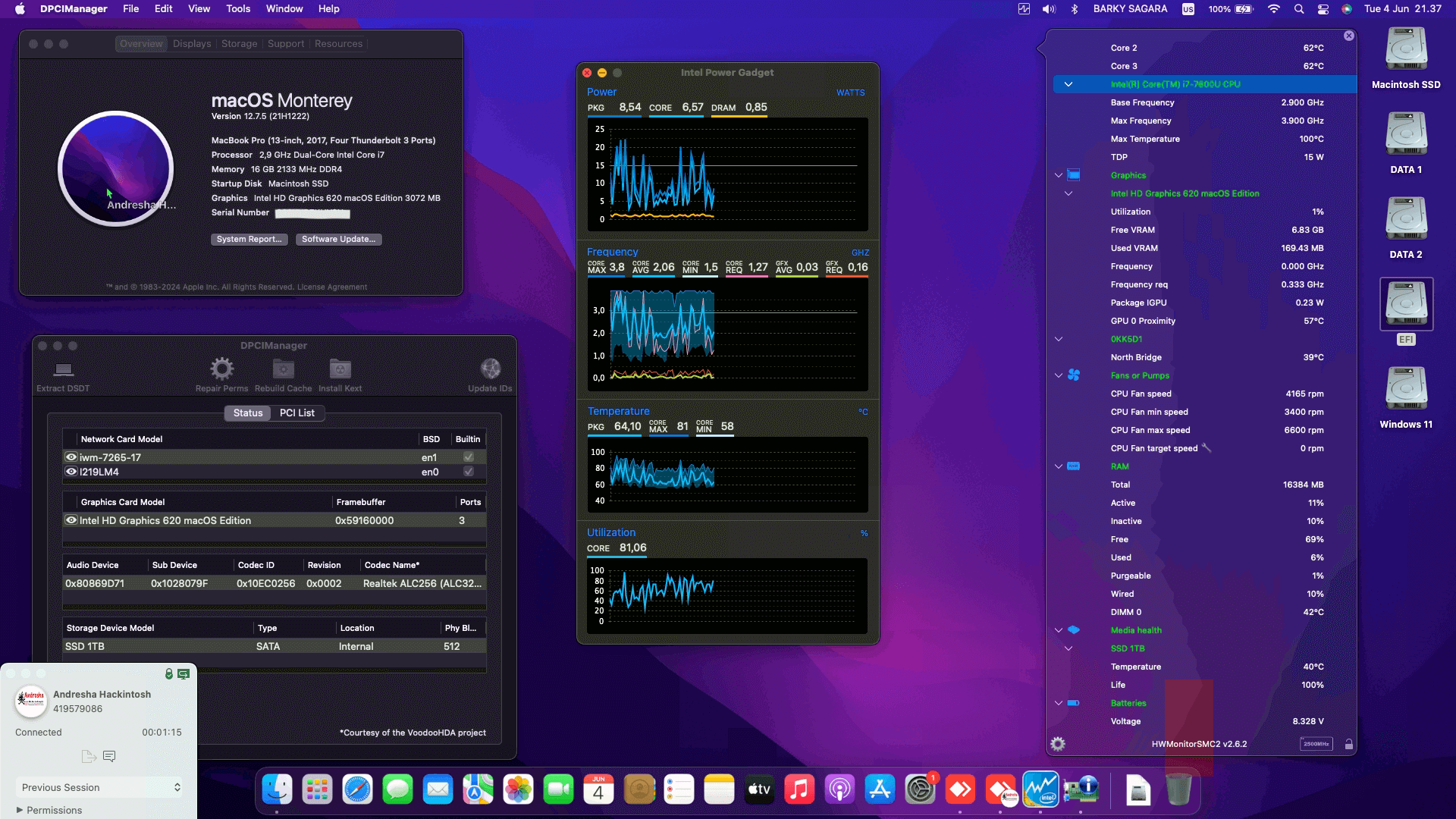 Success Hackintosh macOS Monterey 12.7.5 Build 21H1222 in Dell Latitude 7280